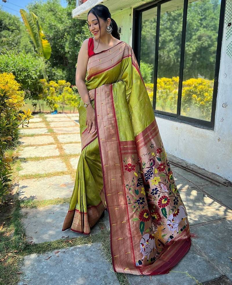 Green woven design zari silk blend paithani saree