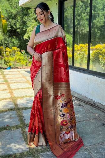 red woven design zari paithani saree