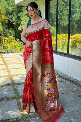 red woven design zari paithani saree