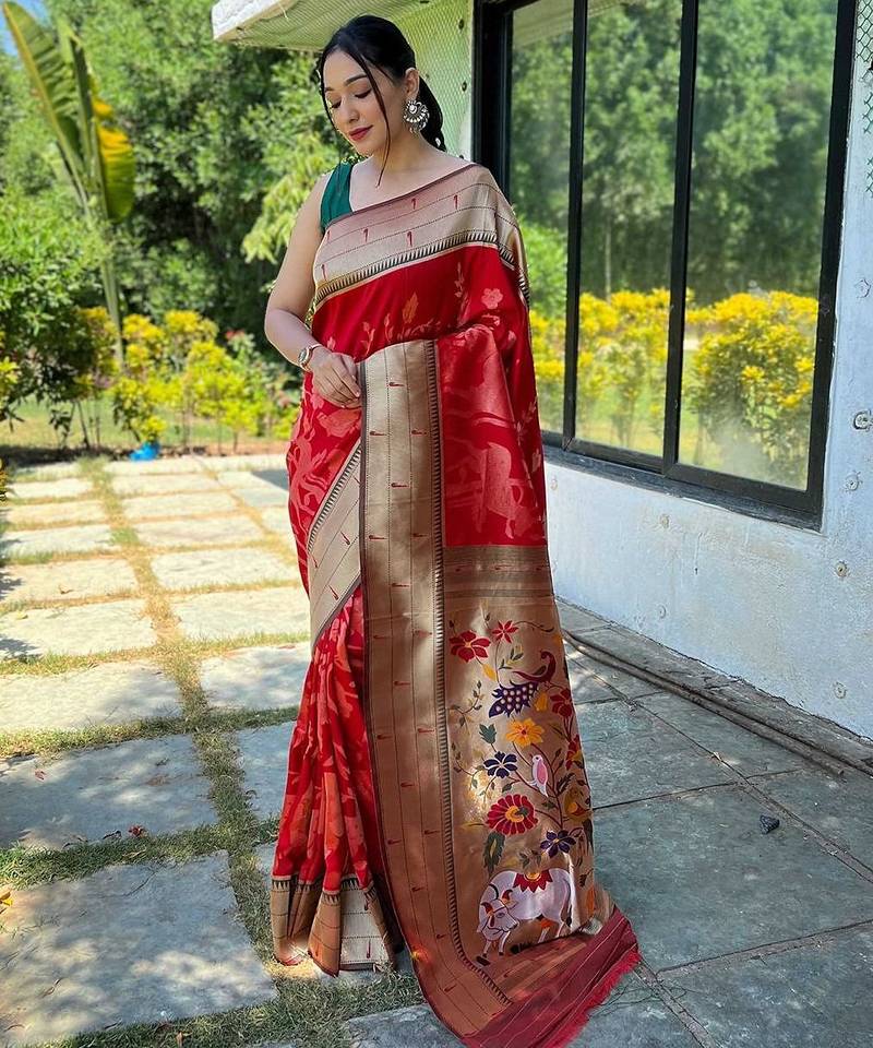 red woven design zari paithani saree