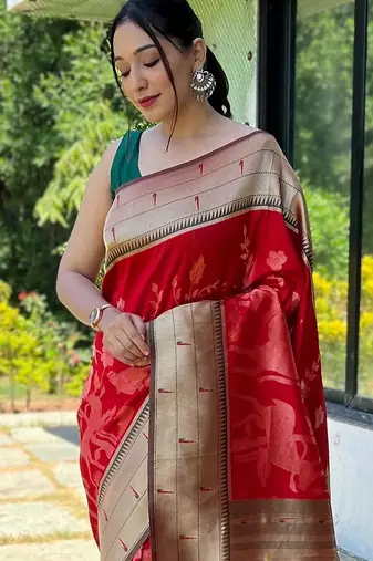 red woven design zari paithani saree