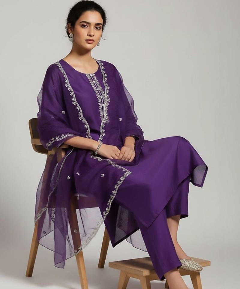 smart women embroidered kurta with trousers with dupatta
