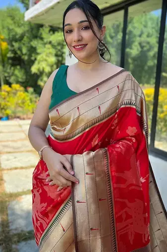 red woven design zari paithani saree