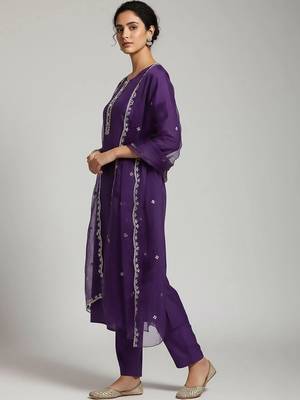 smart women embroidered kurta with trousers with dupatta 5