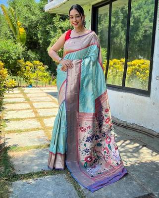 Blue blue ethnic motif woven design zari paithani saree 1