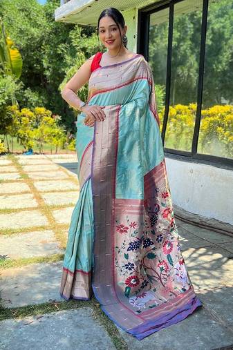 Blue blue ethnic motif woven design zari paithani saree