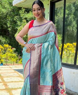 Blue blue ethnic motif woven design zari paithani saree 2