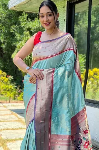 Blue blue ethnic motif woven design zari paithani saree