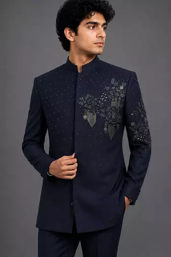 Midnight blue embroidered bandhgala set