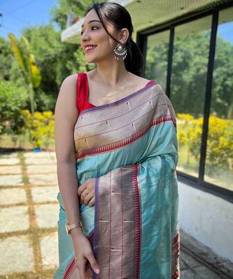 Blue blue ethnic motif woven design zari paithani saree 3