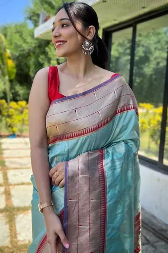 Blue blue ethnic motif woven design zari paithani saree