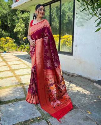 Magenta magenta ethnic motifs woven design zari paithani saree 1
