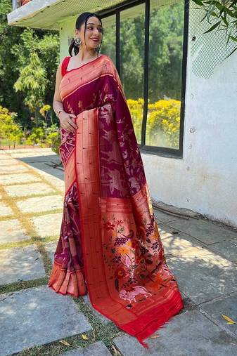 Magenta magenta ethnic motifs woven design zari paithani saree