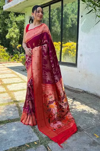 Magenta magenta ethnic motifs woven design zari paithani saree