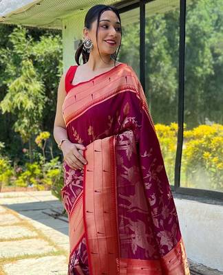Magenta magenta ethnic motifs woven design zari paithani saree 2