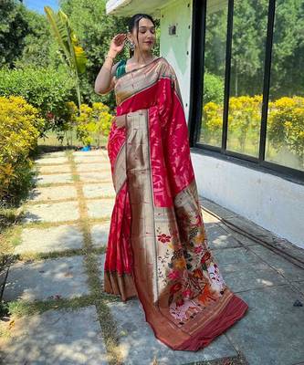Pink woven design zari paithani saree 1