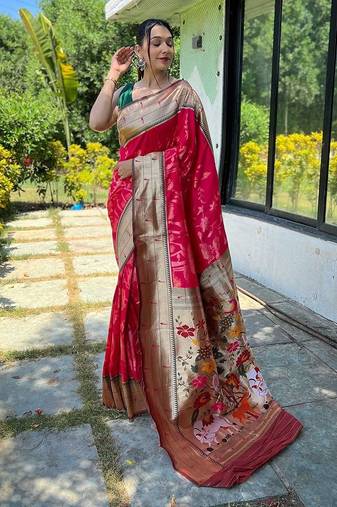 Pink woven design zari paithani saree