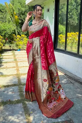 Pink woven design zari paithani saree