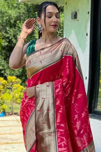 Pink woven design zari paithani saree
