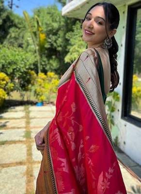 Pink woven design zari paithani saree 3