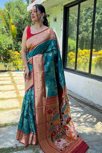 teal woven design zari silk blend paithani saree