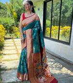 teal woven design zari silk blend paithani saree