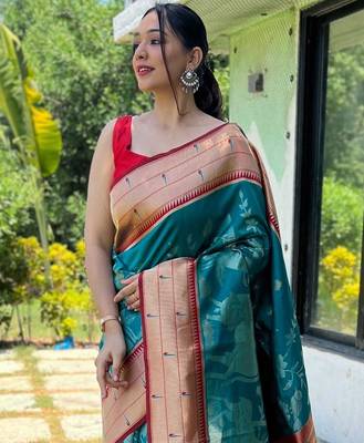 teal woven design zari silk blend paithani saree 2