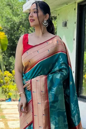 teal woven design zari silk blend paithani saree