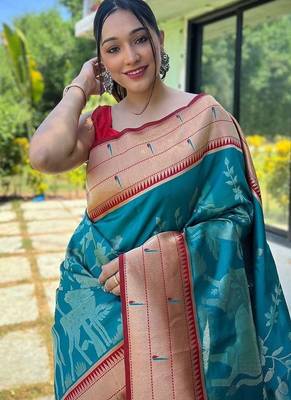 teal woven design zari silk blend paithani saree 3