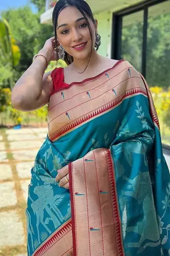 teal woven design zari silk blend paithani saree