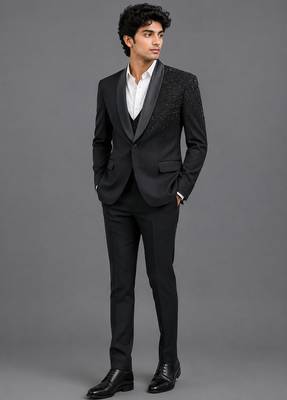 Black embroidered shawl lapel tuxedo set 1