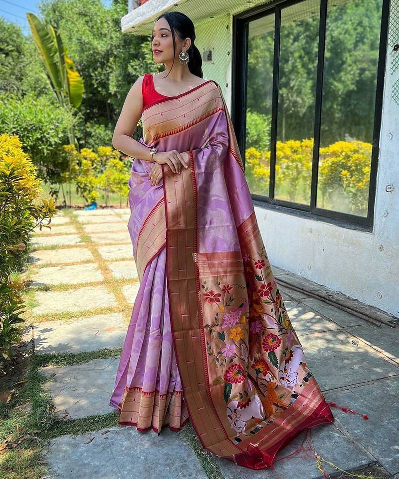 lavender lavender conversational woven design zari detailed paithani saree