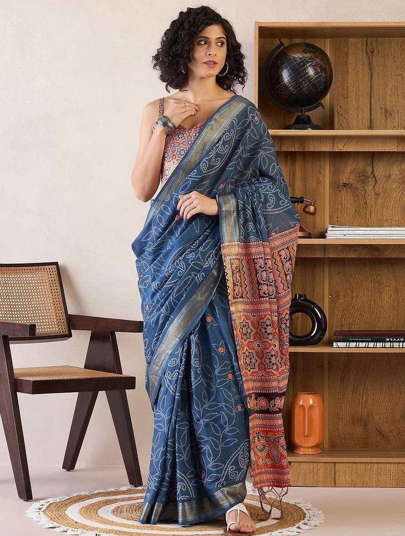 navy_blue bandhani ready to wear bagru saree