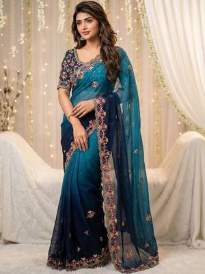 blue floral embroidered poly georgette heavy work saree 1