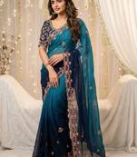 blue floral embroidered poly georgette heavy work saree