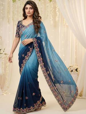 blue floral embroidered poly georgette heavy work saree 2