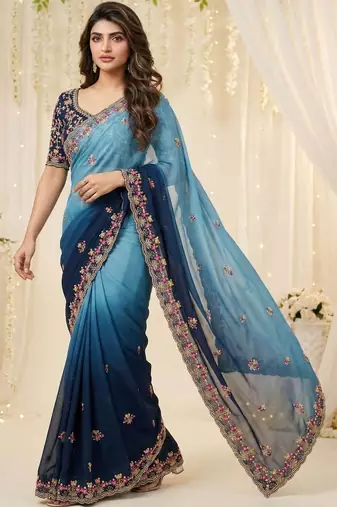 blue floral embroidered poly georgette heavy work saree