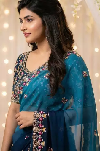 blue floral embroidered poly georgette heavy work saree