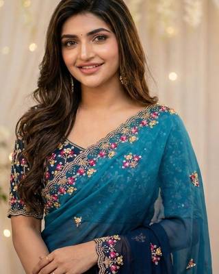 blue floral embroidered poly georgette heavy work saree 5