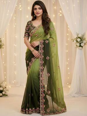 green embellished embroidered poly georgette heavy work saree 1