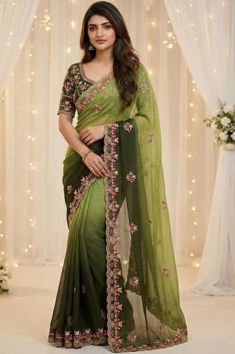 green embellished embroidered poly georgette heavy work saree