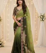 green embellished embroidered poly georgette heavy work saree