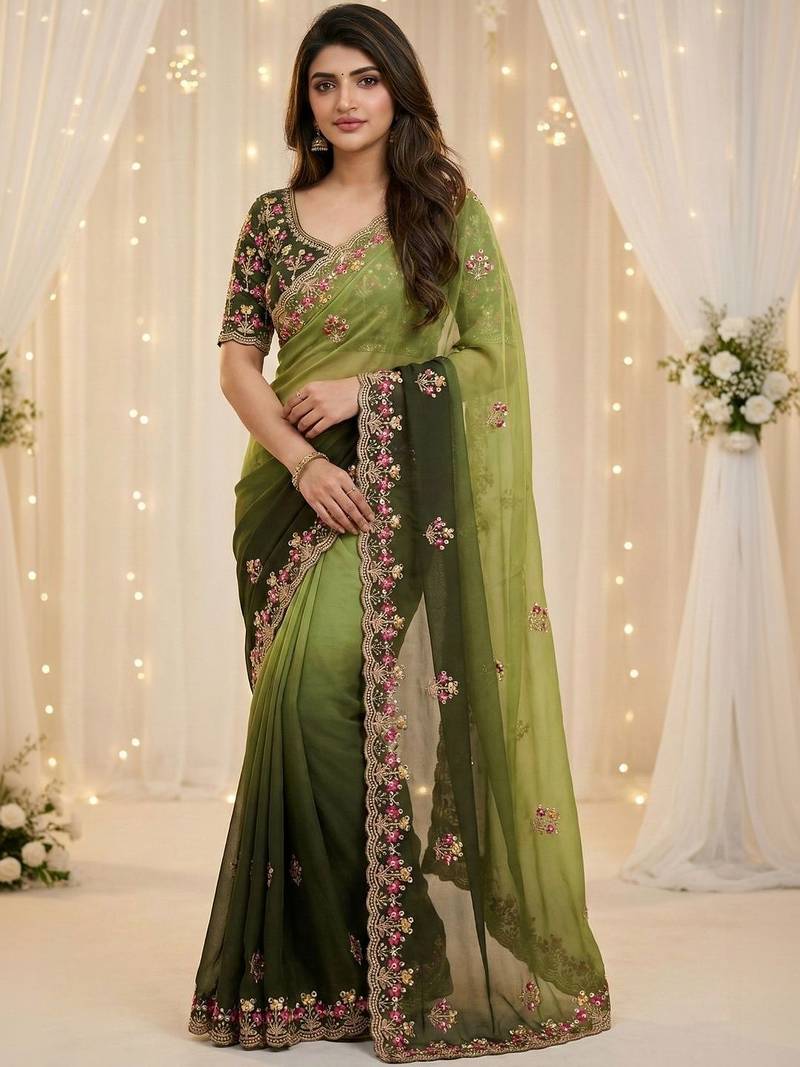 green embellished embroidered poly georgette heavy work saree