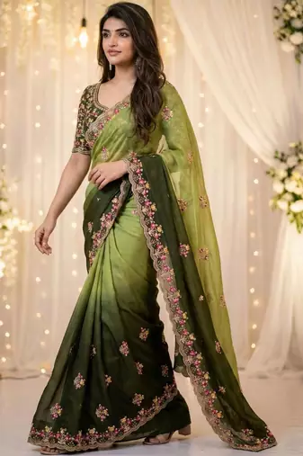 green embellished embroidered poly georgette heavy work saree