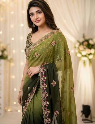 green embellished embroidered poly georgette heavy work saree 3
