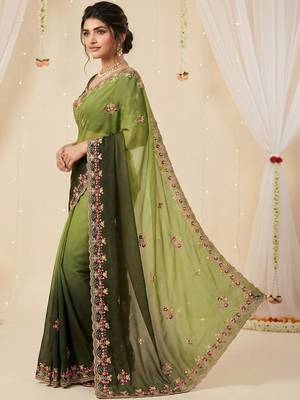 green embellished embroidered poly georgette heavy work saree 4