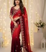 red embellished embroidered poly georgette heavy work saree