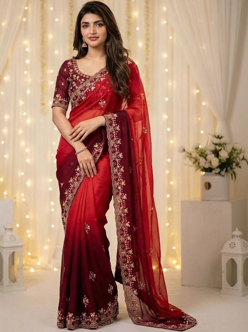 red embellished embroidered poly georgette heavy work saree
