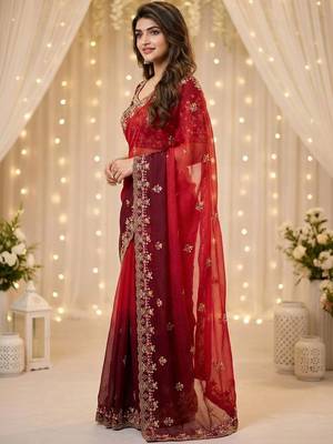 red embellished embroidered poly georgette heavy work saree 2