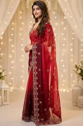 red embellished embroidered poly georgette heavy work saree